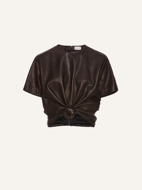 Leather knotted t-shirt in brown