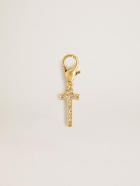 Letter T charm in gold-colored brass with crystals