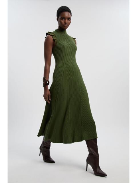 Pointelle Frill Sleeve Knit Midi Dress