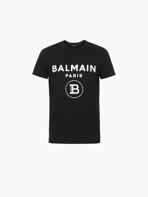 Black cotton T-shirt with white Balmain Paris logo print