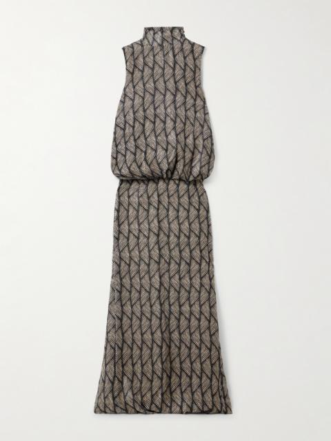 Gathered Printed Devoré-velvet Gown