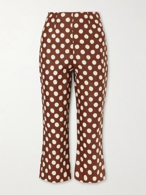 Valeria polka-dot linen straight-leg capri pants Brown