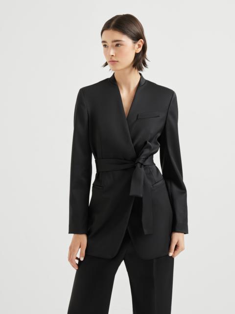 Virgin wool stretch satin belted blazer with monili