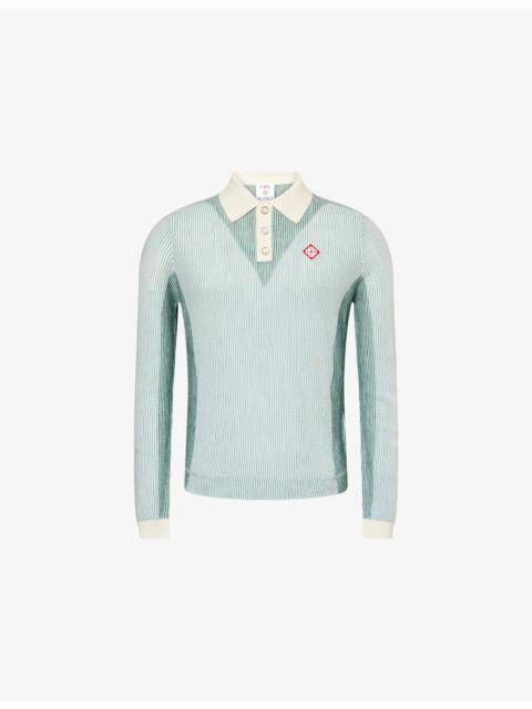 Vertical-Stripe Long-Sleeve Wool-Blend Polo Top