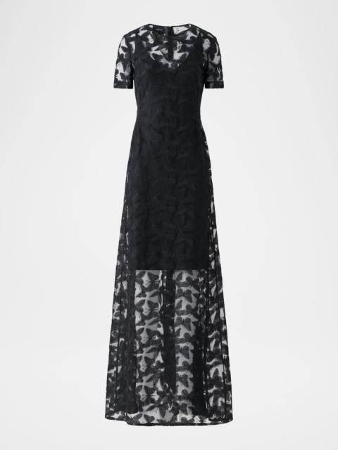 Exclusive Butterfly Embroidered Sheer Tulle Short-Sleeve Gown