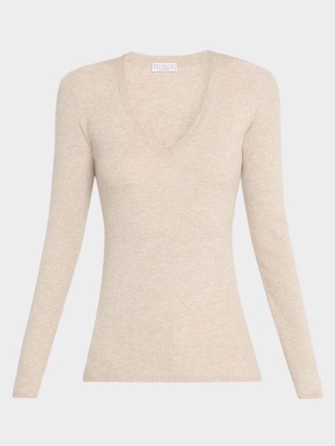 Metallic Cashmere Stretch Rib V-Neck Sweater