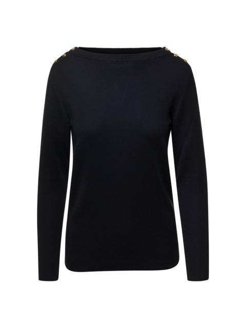 Black Sweater With Boat Neckline And Golden Logo Buttons In Cashmere Woman