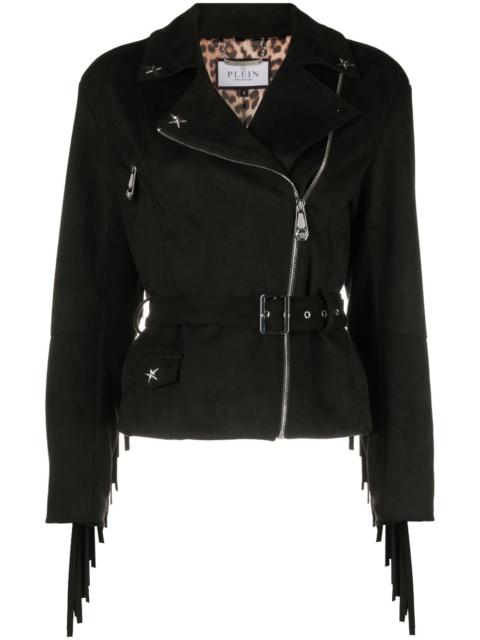 star studded fringed biker jacket