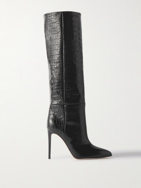 Croc-effect Leather Knee Boots