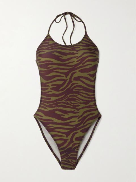 Zebra-print halterneck swimsuit Green