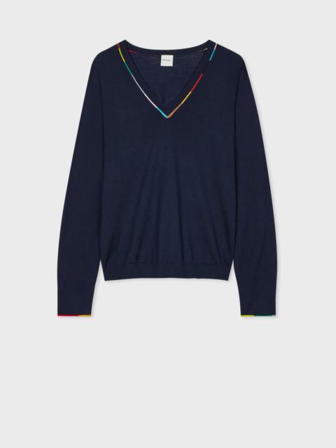 Women's Navy Merino Knitted V Neck Sweater