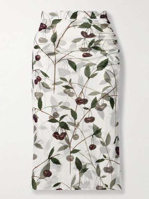 Ruched printed stretch-mesh midi skirt White