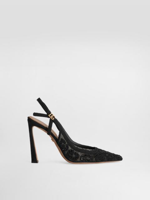 Leopard-design lace slingbacks with fusible rhinestones