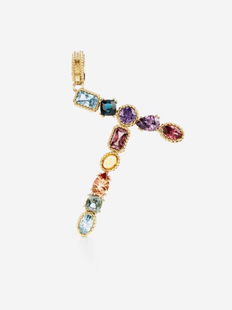 Rainbow alphabet T 18 kt yellow gold charm with multicolor fine gems
