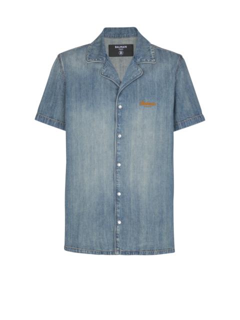 Short-sleeved pyjama shirt in faded denim