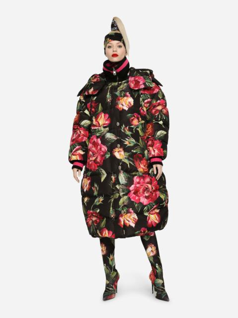 Long nylon down jacket with rose print
