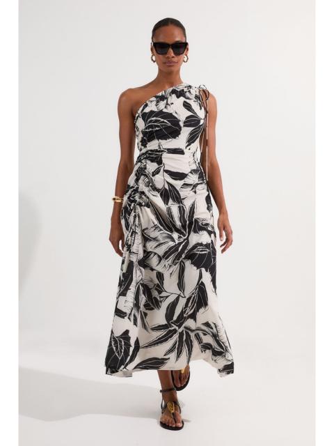 Palm Border Print Cotton Voile One Shoulder Midi Dress
