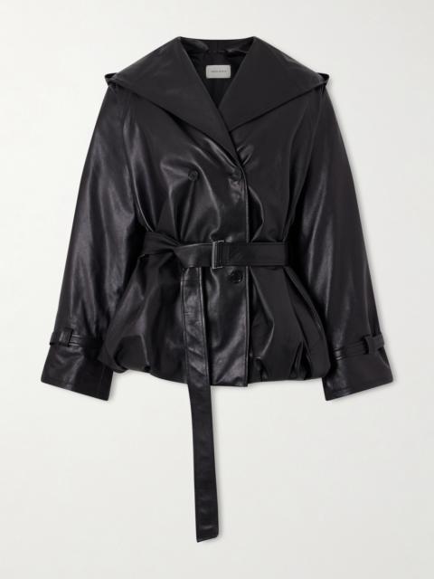 Double-breasted Belted Hooded Leather Jacket