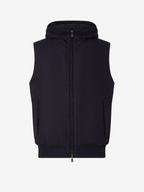 Blue technical cashmere gilet with hood