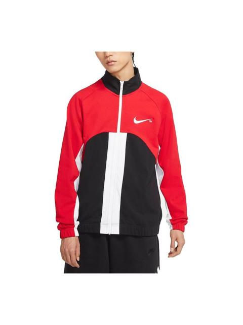 Men's Nike Sportswear Swoosh Contrast Color Stitching Knit Stand Collar Logo Jacket University Red D