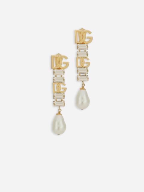 Drop earrings with pearls, rhinestones and DG logo