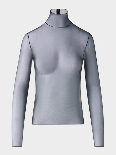 Mock-Neck Stretch Tulle Fitted Long-Sleeve Shirt