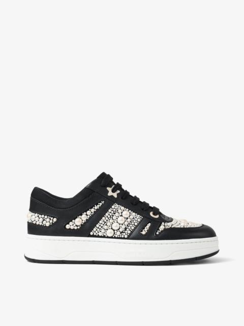 Hawaii/F
Black Calf Leather and Canvas Low Top Trainers with Pearl Embellishment