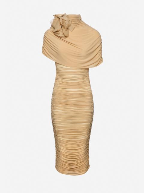 Draped cape-effect midi dress in beige