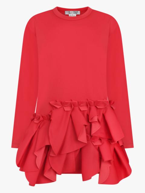 CREW NECK LS  TOP WITH EXAGGERATED RUFFLE HEM | RED