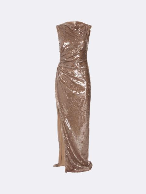 Sheer Sequin Ruched Gown With Slit