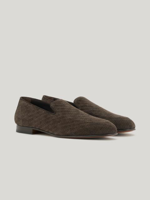 BROWN WOVEN SUEDE SLIP-ONS WITH LEATHER AND RUBBER SOLE