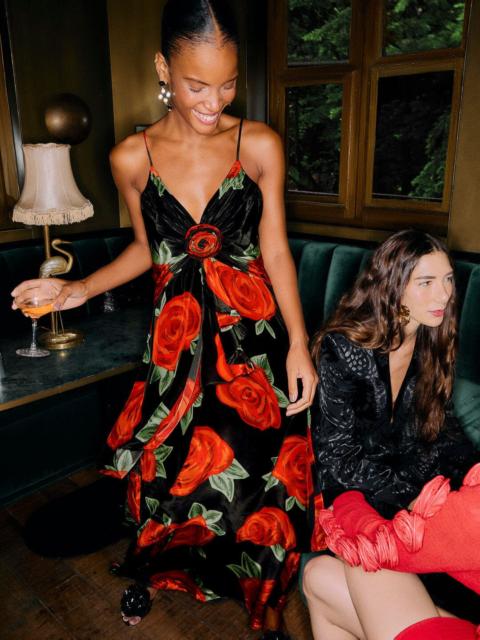 Black Latin Roses 3D Flower Layered Maxi Dress