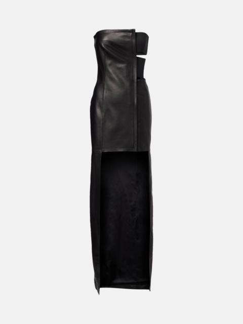 Cutout asymmetric leather maxi dress