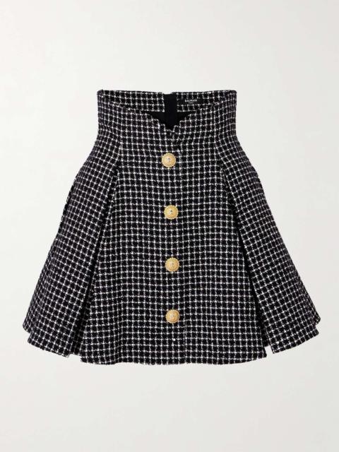 Vichy button-embellished cotton-blend tweed mini skirt