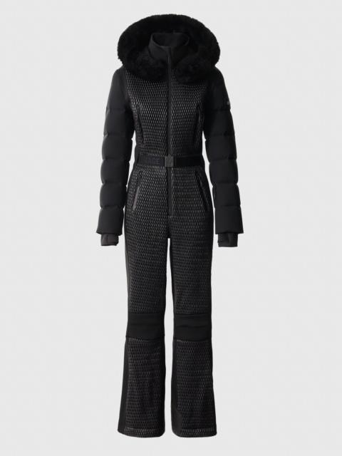 LORELLE Belted Down Ski Suit With Removable Shearling-Trimmed Hood
