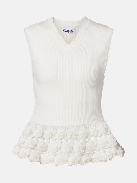 Crochet-trimmed ribbed cotton-blend top