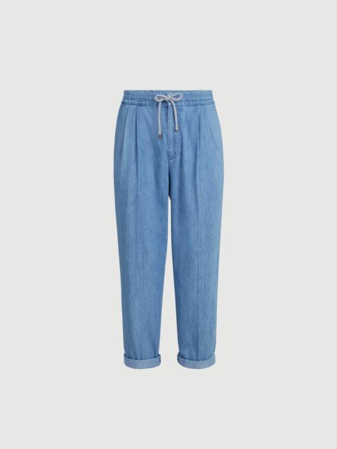 Lightweight denim trousers with drawstring and double pleats