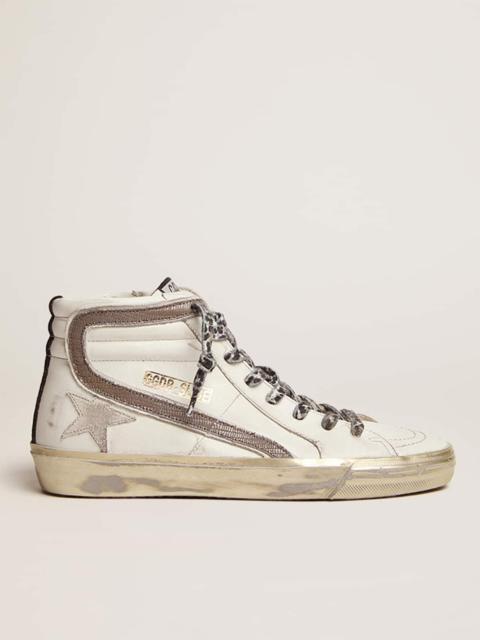 Slide sneakers with white suede star and dove-gray lizard-print leather flash
