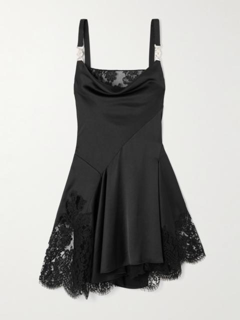 Asymmetric Lace-paneled Embellished Draped Satin Dress