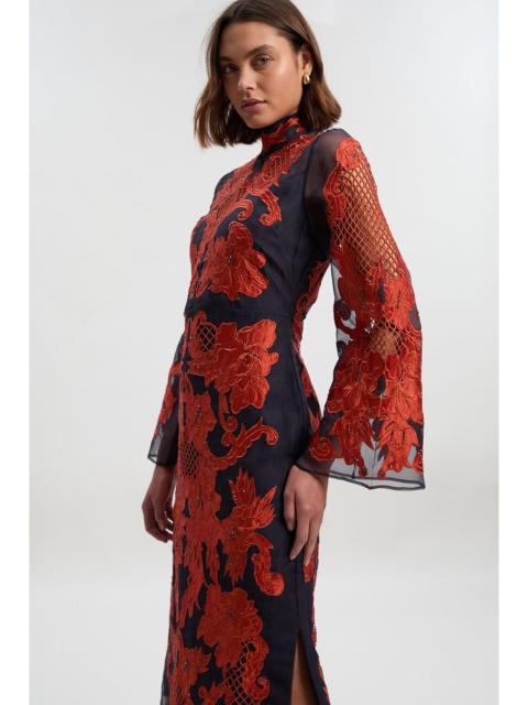 Baroque Organdie Applique And Beaded Bell Sleeve Woven Midi Dress