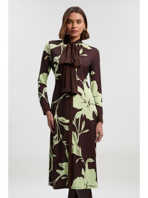 Petite Floral Print Bow Detail Ruched Long Sleeve Crepe Maxi Dress