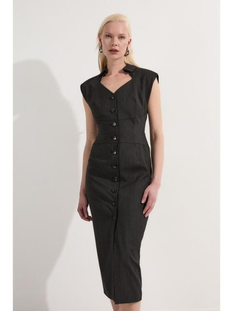 Pinstripe Corseted Tailored Pencil Midi Dress