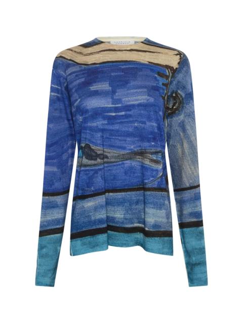 Isaro Long Sleeve T-shirt in Water Multi Printed Cashmere Jersey