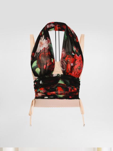 Marquisette and chiffon corset top with floral print