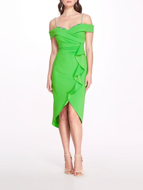 OFF SHOULDER DRAPED MIDI DRESS