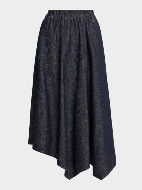 Asymmetric Metallic Denim Midi Skirt