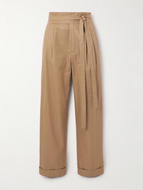 Belted pleated cotton-twill straight-leg pants Sand