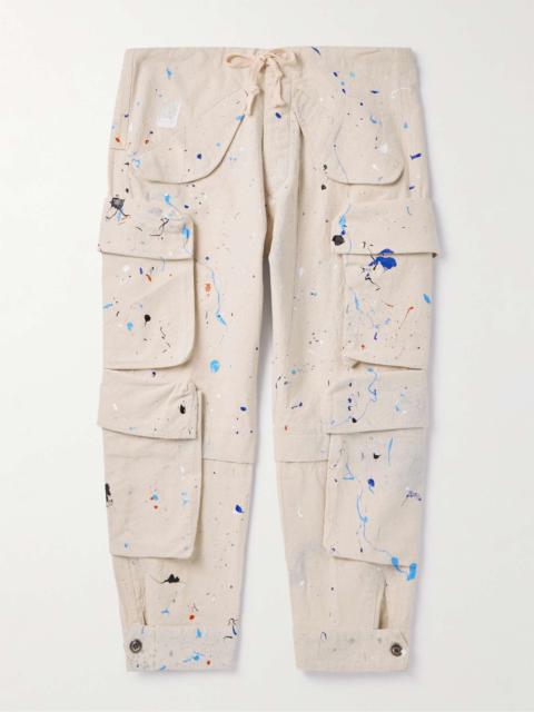 Tapered Cropped Paint-Splattered Cotton-Canvas Drawstring Cargo Trousers