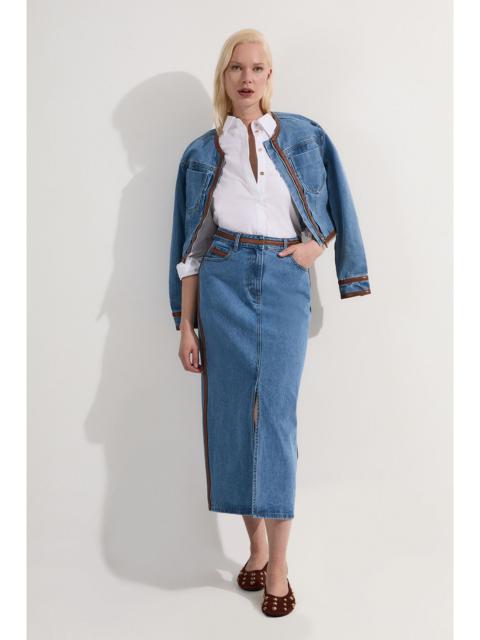 Denim & Faux Leather Tipped Side Pencil Midi Skirt