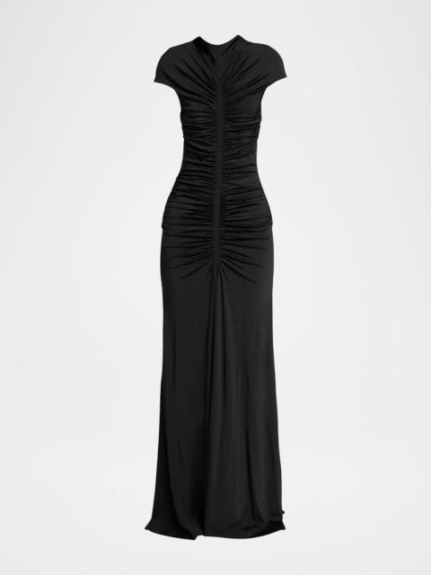 Ruched Cap-Sleeve Rhinestone Gown